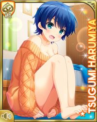 Rule 34 | 1girl, bare shoulders, barefoot, bed, bedroom, blue hair, bottomless, breasts, card (medium), character name, day, female focus, girlfriend (kari), harumiya tsugumi, indoors, looking at viewer, official art, open mouth, orange sweater, qp:flapper, red eyes, short hair, sitting, sleeves past wrists, solo, sunlight, sweater, tagme, upset