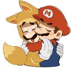 2boys animal_costume animal_ears animal_hood brothers brown_hair gloves highres hood hood_up hug kitsune_luigi luigi male_focus mario mario_(series) mimimi_(mimimim9999) multiple_boys nintendo siblings super_mario_3d_land white_gloves