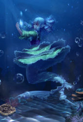 Rule 34 | 1girl, absurdres, air bubble, anemone (flower), arms up, blue eyes, blue hair, blurry, bubble, clownfish, coral, crystal, depth of field, drill hair, fins, fish, flower, freediving, frilled kimono, frills, from side, glowing, green kimono, head fins, highres, japanese clothes, kimono, looking to the side, mermaid, monster girl, obi, parted lips, profile, sand, sash, scales, shaoviie, short kimono, solo, touhou, underwater, wakasagihime