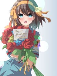 Rule 34 | 1girl, :o, armband, belt, blue belt, blue eyes, blue flower, blue rose, blue sailor collar, blue skirt, blush, bouquet, brown hair, commentary request, cowboy shot, english text, flower, gradient background, hair between eyes, hair ribbon, hairband, happy birthday, highres, holding, holding bouquet, kita high school uniform, leaf, looking at viewer, medium hair, open mouth, rai iceblast, red armband, red flower, red rose, ribbon, rose, sailor collar, sailor shirt, school uniform, serafuku, shirt, short sleeves, simple background, skirt, solo, suzumiya haruhi, suzumiya haruhi no yuuutsu, yellow flower, yellow hairband, yellow ribbon, yellow rose