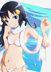 Rule 34 | 1girl, absurdres, animal ears, bikini, black hair, blue eyes, breasts, cleavage, commentary request, cow ears, cow horns, cow tail, creatures (company), dawn (pokemon), frilled bikini, frills, game freak, hair ornament, hairclip, highres, horns, long hair, looking at viewer, negimiso1989, nintendo, pokemon, pokemon (anime), pokemon dppt (anime), scarf, side-tie bikini bottom, small breasts, solo, swimsuit, tail, white bikini, white scarf