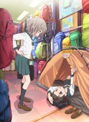 Rule 34 | 10s, 2girls, :o, absurdres, arm up, backpack, bag, black hair, black socks, blue eyes, blush, bookbag, briefcase, checkered floor, english text, floor, from side, full body, grey hair, hand on own hip, highres, indoors, kneehighs, kuraue hinata, loafers, long sleeves, looking at another, looking down, looking up, lying, matsuo yuusuke, multiple girls, on back, on floor, open mouth, pleated skirt, profile, purple eyes, school bag, school briefcase, school uniform, serafuku, shadow, shirt, shoes, unworn shoes, short hair, skirt, socks, standing, tent, yama no susume, yukimura aoi