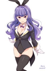 Rule 34 | 1girl, animal ears, black leotard, black thighhighs, blush, breasts, character name, cleavage, cowboy shot, fake animal ears, gloves, jacket, kichihachi, large breasts, leotard, long hair, looking at viewer, ootori chacha, open mouth, playboy bunny, purple eyes, purple hair, rabbit ears, simple background, smile, solo, thighhighs, thighs, tokyo 7th sisters, twitter username, wavy hair, white background, white gloves