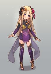 Rule 34 | 1girl, abigail williams (fate), blonde hair, blue eyes, blush, bow, breasts, cosplay, detached sleeves, dress, fate/grand order, fate (series), forehead, full body, gradient background, hair bow, hair ribbon, kama (fate), kama (fate) (cosplay), kama (first ascension) (fate), long hair, looking at viewer, miya (miyaruta), orange bow, parted bangs, pelvic curtain, pink ribbon, polka dot, polka dot bow, purple dress, purple legwear, purple skirt, purple sleeves, ribbon, sandals, skirt, small breasts, smile, solo, sparkle