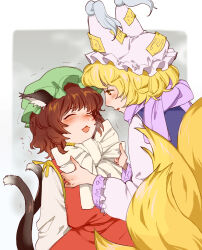 Rule 34 | 2girls, adjusting bowtie, animal ear fluff, animal ears, blonde hair, blue tabard, blush, border, bow, bowtie, breath, brown hair, cat ears, cat tail, chen, closed eyes, collared vest, commentary request, cowboy shot, dress, fingernails, fog, fox ears, fox tail, frilled hat, frilled sleeves, frills, from behind, green headwear, grey background, hat, high collar, highres, long sleeves, medium hair, mob cap, multiple girls, multiple tails, namewanoketsu, nekomata, nose blush, ofuda, ofuda on clothes, open mouth, outside border, parted lips, purple scarf, red skirt, red vest, ribbon, scarf, shirt, short hair, skirt, skirt set, tabard, tail, tassel hat ornament, touhou, trembling, two tails, vest, white border, white bow, white bowtie, white dress, white headwear, white shirt, white sleeves, yakumo ran, yellow eyes, yellow ribbon