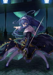 Rule 34 | ahoge, blue eyes, blue hair, covered mouth, dress, fighting stance, floating clothes, full moon, hairband, holding, holding sword, holding weapon, huge ahoge, long hair, looking at viewer, moon, night, online neet, orie ballardiae harada, rapier, sword, thighhighs, under night in-birth, very long hair, weapon