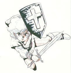 Rule 34 | 1980s (style), 1boy, boots, cross, fantasy, hat, ink (medium), jumping, link, medieval, mikimoto haruhiko, monochrome, nintendo, oldschool, promotional art, retro artstyle, scan, serious, sideburns, sketch, sword, the legend of zelda, traditional media, weapon, white background