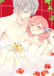 Rule 34 | 10s, 1boy, 1girl, :d, ^ ^, amiko (frostedchocolate), apple, atelier (series), atelier escha &amp; logy, bath, bathtub, closed eyes, couple, escha malier, food, fruit, hair ornament, hair scrunchie, hetero, logix ficsario, long hair, mixed-sex bathing, open mouth, partially submerged, pink hair, rubber duck, scrunchie, shared bathing, short hair, smile, tile wall, tiles, twintails, water