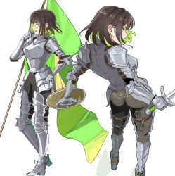 Rule 34 | 1girl, armor, armored boots, banner, battle standard, blush, boots, brown eyes, brown hair, buckler, collarbone, commentary, earrings, english commentary, eyebrows hidden by hair, flag, food, food in mouth, gauntlets, greaves, green hair, highres, hot, jewelry, knight, multicolored hair, navel, original, ormille, pauldrons, plate armor, popsicle, popsicle in mouth, shield, shoulder armor, simple background, stomach, streaked hair, sweat, sword, undressing, war flag, weapon, white background
