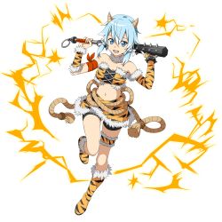 Rule 34 | 1girl, :d, animal print, bare shoulders, bike shorts, blue hair, boots, club (weapon), full body, fur trim, highres, horns, kanabou, midriff, navel, official art, oni, oni horns, open mouth, rope, shorts, shorts under skirt, sinon, skirt, smile, solo, sword art online, sword art online: memory defrag, tiger print, transparent background, weapon