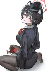 Rule 34 | 1girl, absurdres, animal ear fluff, animal ears, black eyes, black hair, black hat, black pantyhose, black skirt, blue archive, bow, bowtie, breasts, chabi, extra ears, gloves, hair between eyes, hair ornament, hat, highres, large breasts, long sleeves, official alternate costume, one eye closed, open mouth, pantyhose, red bow, red bowtie, short hair, simple background, skirt, solo, tour guide, tsubaki (blue archive), tsubaki (guide) (blue archive), white background, white gloves