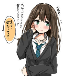 Rule 34 | 1girl, aqua eyes, blue necktie, blush, brown hair, diagonal-striped clothes, diagonal-striped necktie, diagonal-striped neckwear, flying sweatdrops, grey jacket, idolmaster, idolmaster cinderella girls, jacket, jewelry, long hair, long sleeves, looking to the side, necklace, necktie, open mouth, school uniform, shibuya rin, simple background, solo, speech bubble, striped clothes, striped necktie, striped neckwear, tsukudani norio, white background