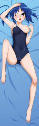 Rule 34 | 1girl, barefoot, bed sheet, blue hair, breast slip, breasts, brown eyes, cameltoe, competition school swimsuit, dakimakura (medium), feet, full body, highres, looking at viewer, lying, medium breasts, nipples, on back, one-piece swimsuit, one breast out, one eye closed, original, school swimsuit, short hair, smile, solo, sugimura tomokazu, swimsuit, toes, twintails, wink