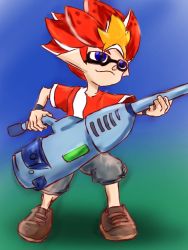 Rule 34 | 1girl, black shorts, blonde hair, blue background, blue eyes, brown footwear, crossover, fusion, gradient background, green background, gun, holding, inkling, inkling boy, inkling player character, kakeru (saru getchu), multicolored hair, nintendo, originape, pointy ears, red hair, red shirt, saru getchu, shirt, shoes, short sleeves, shorts, smile, splatoon (series), squid, squid boy, standing, two-tone background, two-tone hair, weapon