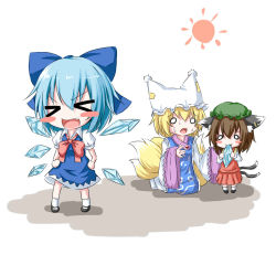 Rule 34 | &gt; &lt;, 3girls, animal ears, blonde hair, blue dress, blue hair, blush stickers, bobby socks, bow, brown hair, cat ears, cat tail, chen, chibi, cirno, closed eyes, dress, earrings, eating, fang, fox tail, hair bow, hands on own hips, hat, hat with ears, highres, jewelry, kneeling, long sleeves, multiple girls, multiple tails, mundane utility, nyifu, o o, open mouth, shadow, short hair, short sleeves, simple background, single earring, skirt, socks, standing, sun, sweat, tabard, tail, tongue, touhou, vest, white background, yakumo ran