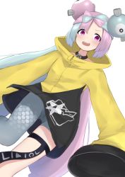 Rule 34 | 1girl, blush, cameltoe, character hair ornament, commentary request, creatures (company), game freak, grey pantyhose, hair ornament, highres, iono (pokemon), jacket, kanekan, long hair, multicolored hair, nintendo, open mouth, pantyhose, pokemon, pokemon sv, purple eyes, sharp teeth, single leg pantyhose, sleeves past fingers, sleeves past wrists, solo, teeth, thigh strap, twintails, two-tone hair, upper teeth only, white background, yellow jacket