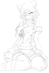 Rule 34 | 1girl, aiguillette, animal ears, armband, bare shoulders, belt, bismarck (warship girls r), breasts, buttons, closed mouth, collar, double-breasted, eyebrows, greyscale, jacket, looking at viewer, medium breasts, military jacket, monochrome, one eye closed, pleated skirt, remodel (warship girls r), short hair, sitting, sketch, skirt, sleeveless, solo, suiren (mystia6b), thighhighs, warship girls r, white background, yokozuwari