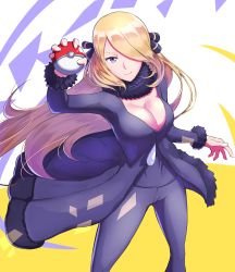 Rule 34 | 1girl, black coat, black pants, black shirt, blonde hair, breasts, cleavage, closed mouth, coat, creatures (company), cynthia (pokemon), feet out of frame, floating hair, from above, fur-trimmed jacket, fur-trimmed sleeves, fur collar, fur trim, game freak, grey eyes, hair ornament, hair over one eye, highres, holding, holding poke ball, jacket, large breasts, long hair, looking at viewer, niaru (r2pi), nintendo, pants, poke ball, poke ball (basic), pokemon, pokemon dppt, shirt, solo, very long hair