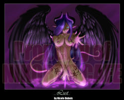Rule 34 | black wings, blue hair, breasts, demon girl, horns, long hair, neolucky, nipple piercing, nipple rings, nipples, piercing, purple hair, tail, tattoo, wings