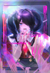 Rule 34 | 1girl, ame-chan (needy girl overdose), black hair, black skirt, blood, collar, collared shirt, hair over one eye, hand on mirror, highres, mirror, needy girl overdose, open mouth, pink blood, purple eyes, red shirt, reflection, shirt, shirt tucked in, skirt, solo, stray (fengjun), suspender skirt, suspenders, twintails, upper body, vomiting, vomiting rainbows, white collar