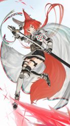 Rule 34 | 1girl, animal ears, arknights, armor, cape, drawing sword, flametail (arknights), gauntlets, greaves, highres, holding, holding sword, holding weapon, izumo (ton 63), low ponytail, pouch, red eyes, red hair, skirt, squirrel ears, squirrel tail, sword, tail, thigh pouch, thigh strap, weapon