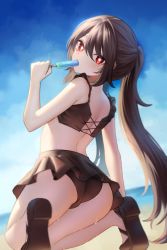 Rule 34 | 1girl, absurdres, ass, back, beach, bikini, bikini skirt, black bikini, blue sky, brown hair, cloud, day, flower-shaped pupils, food, food in mouth, from behind, genshin impact, highres, holding, holding food, hu tao (genshin impact), long hair, looking at viewer, looking back, neit ni sei, outdoors, popsicle, popsicle in mouth, red eyes, sandals, sky, solo, swimsuit, symbol-shaped pupils, thighs, twintails, very long hair, wet