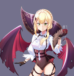 Rule 34 | 1girl, absurdres, black background, black gloves, blonde hair, blush, braid, breasts, closed mouth, collared shirt, cup, cupping glass, demon wings, drinking glass, fang, fang out, girls&#039; frontline, gloves, gluteal fold, hair ornament, hair over shoulder, hairclip, halloween, highres, holding, holding cup, holding drinking glass, long sleeves, looking at viewer, low ponytail, medium breasts, shirt, simple background, smile, solo, ssogari, standing, v-shaped eyebrows, welrod mkii (girls&#039; frontline), white shirt, wine glass, wing collar, wings