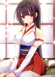 Rule 34 | 1girl, black hair, bloodcatblack, blush, breasts, detached sleeves, highres, japanese clothes, large breasts, looking at viewer, miko, original, ponytail, red eyes, sitting, smile, solo, tatami, thighhighs, v arms, wariza, zettai ryouiki
