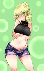 Rule 34 | 1girl, bare shoulders, breasts, commentary request, crossed arms, denim, denim shorts, green background, green eyes, highres, large breasts, looking at viewer, mizuhashi parsee, navel, no nose, pointy ears, ponytail, pout, pussy, pussy peek, raptor7, shirt, short shorts, shorts, tight clothes, tight shirt, touhou, unbuttoned
