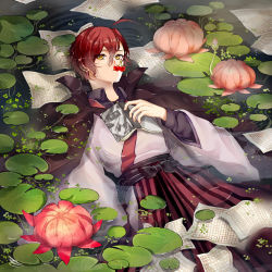Rule 34 | 1boy, afloat, ahoge, black shirt, book, brown cape, bungou to alchemist, cape, cherry, cloud, collared cape, collared shirt, dazai osamu (bungou to alchemist), dress shirt, feet out of frame, flower, food, fruit, genkou youshi, hair between eyes, hakama, holding, holding book, houhou (black lack), japanese clothes, kimono, lily pad, looking at viewer, male focus, mouth hold, open book, paper, pink flower, purple kimono, red hair, red hakama, reflection, reflective water, ripples, shirt, short hair, solo, striped, vertical stripes, water, water lily flower, yellow eyes