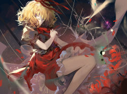 Rule 34 | 1girl, bare legs, black shirt, blonde hair, commentary request, feet out of frame, flower, grey eyes, hair ribbon, head tilt, highres, kita (kitairoha), light particles, looking at viewer, medicine melancholy, neck ribbon, petals, petticoat, puffy short sleeves, puffy sleeves, red flower, red ribbon, red skirt, ribbon, shirt, short hair, short sleeves, skirt, solo, thighs, touhou