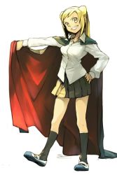 Rule 34 | 1girl, black cape, black skirt, black socks, blonde hair, blouse, cape, character request, commentary request, cone hair bun, demi-chan wa kataritai, double bun, full body, grin, hair bun, hand on own hip, hand up, hungry clicker, long hair, long sleeves, looking at viewer, multicolored cape, multicolored clothes, pleated skirt, red cape, shirt, shoes, simple background, skirt, smile, socks, solo, standing, standing on one leg, takanashi hikari, white background, white shirt, yellow eyes