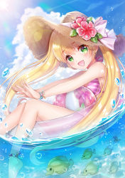 Rule 34 | 1girl, :d, air bubble, anklet, ball, barefoot, beachball, bikini, blonde hair, blue sky, bracelet, bubble, bud (znehgneh2), cloud, day, fish, flower, gradient background, green eyes, hat, hat flower, hat ribbon, hibiscus, highres, innertube, jewelry, knees together feet apart, lens flare, long hair, open mouth, original, outdoors, outstretched arms, partially underwater shot, ribbon, sitting, sky, smile, solo, straw hat, striped bikini, striped clothes, sun, sunlight, swim ring, swimsuit, twintails, very long hair, water, water drop, xlavhzhr04