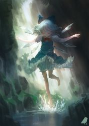 Rule 34 | 1girl, artist name, barefoot, bloomers, blue bow, blue dress, blue hair, bow, cirno, closed eyes, closed mouth, dress, dress shirt, floating hair, frilled skirt, frills, hair bow, hair ornament, hands up, highres, ice, ice wings, legs apart, neck ribbon, outstretched arms, puffy sleeves, red ribbon, ribbon, shirt, short hair, short sleeves, skirt, smile, solo, standing, standing on liquid, touhou, underwear, wings, you (shimizu)
