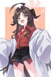 Rule 34 | 1girl, ahoge, black hair, black horns, black shorts, black tail, blue archive, coat, collared shirt, cowboy shot, demon horns, fang, hair intakes, halo, highres, horns, karahai (31448823), kasumi (blue archive), lab coat, long hair, open mouth, red halo, red shirt, shirt, shirt tucked in, shorts, sleeves past fingers, sleeves past wrists, smile, solo, white coat, yellow eyes