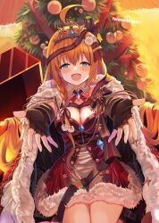 Rule 34 | 1girl, :d, absurdres, ahoge, black cape, blue eyes, blush, braid, breasts, cape, christmas tree, cleavage, comiket 103, commentary request, dress, fur-trimmed cape, fur-trimmed dress, fur trim, hair ribbon, highres, large breasts, official alternate costume, open mouth, orange hair, outstretched arms, pecorine (christmas) (princess connect!), pecorine (princess connect!), princess connect!, rabenga, red dress, ribbon, side braid, smile, solo, striped ribbon