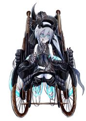 Rule 34 | 10s, 1girl, abyssal ship, amputee, blue eyes, colored skin, destroyer princess, double amputee, empty eyes, gauntlets, gloves, highres, kantai collection, legless, long hair, no legs, ogawa-syou, ogawa shou, school uniform, serafuku, side ponytail, solo, torpedo, wheelchair, white hair, white skin