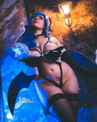 Rule 34 | 1girl, aili winter, blue hair, breasts, clothes, collar, cosplay, elbow gloves, female focus, ganyu (genshin impact), genshin impact, gloves, highres, horns, large breasts, lipstick, makeup, photo (medium), real life, red lips, smile, solo, thighhighs, wings