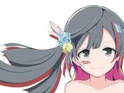 Rule 34 | 1girl, absurdres, aqua flower, artist name, artist request, bare shoulders, black hair, blue hair, blush, breasts, close-up, collarbone, dark blue hair, facial mark, feathers, female focus, floating hair, flower, grey eyes, hair flower, hair ornament, highres, long hair, looking at viewer, love live!, love live! nijigasaki high school idol club, parted lips, smile, solo, upper body, white feathers, yellow flower, yuki setsuna