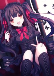 Rule 34 | 1girl, bad id, bad pixiv id, black dress, black footwear, black hairband, boots, bow, bowtie, breasts, bug, butterfly, dress, drill hair, hair ribbon, hairband, insect, kurumi mashiro, lolita fashion, lolita hairband, long hair, long sleeves, looking at viewer, no nose, original, puffy sleeves, red bow, red eyes, red ribbon, ribbon, sitting, small breasts, solo, twintails