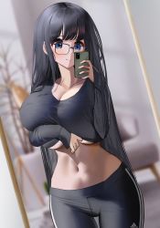 Rule 34 | 1girl, absurdres, adidas, black hair, black pants, black shirt, blouse, blue eyes, blush, breasts, cellphone, cleavage, closed mouth, clothes lift, commentary request, female focus, glasses, hair between eyes, highres, holding, holding phone, huge breasts, long hair, looking at viewer, mirror, mirror image, narrow waist, navel, nicorima, original, pants, phone, selfie, shirt, shirt lift, sleeves past wrists, smartphone, smile, solo, stomach, underboob