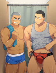 Rule 34 | 2boys, abs, absurdres, bara, bare arms, black hair, blue eyes, blue male swimwear, blush, bulge, buzz cut, clenched hand, clothes lift, collarbone, commentary request, covered erect nipples, cowboy shot, dark-skinned male, dark skin, fitting room, grey shirt, grin, hand up, highres, indoors, large pectorals, looking at another, male focus, male swimwear, multiple boys, muscular, muscular male, navel, navel hair, no pants, original, parted lips, pectorals, privacy screen, red eyes, red male swimwear, sarukichi 6401, shirt, shirt lift, short hair, side-by-side, sideburns, sleeveless, sleeveless shirt, smile, sparkling eyes, standing, sweatdrop, swim briefs, tank top, towel, towel on one shoulder, very short hair