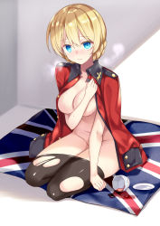Rule 34 | 10s, 1girl, black pantyhose, blonde hair, blue eyes, blush, braid, breasts, breath, clothes pull, coat, commentary request, convenient censoring, cup, darjeeling (girls und panzer), flag, girls und panzer, jacket, looking at viewer, md5 mismatch, medium breasts, military jacket, naked coat, navel, open clothes, pantyhose, pantyhose pull, rei (rei&#039;s room), saucer, short hair, sitting, solo, spill, sweat, tea, teacup, torn clothes, torn pantyhose, union jack, wariza