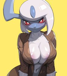 Rule 34 | 1girl, absol, animal nose, areola slip, asymmetrical hair, blush, body fur, breasts, bright pupils, brown jacket, cleavage, closed mouth, colored skin, creatures (company), drunkoak, female focus, furry, furry female, game freak, gen 3 pokemon, grey horns, grey skin, highres, horns, jacket, large breasts, light blush, looking at viewer, nintendo, open clothes, open jacket, personification, pokemon, pokemon (creature), red eyes, shiny skin, short hair, short sleeves, sidelocks, simple background, single horn, solo, third-party edit, upper body, white fur, white hair, white pupils, yellow background