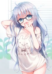 Rule 34 | 1girl, :o, ahoge, animal print, arm behind head, black-framed eyewear, blue eyes, blue hair, blush, breasts, clothes writing, commentary request, cowboy shot, glasses, hand to own mouth, head tilt, indoors, long hair, looking at viewer, medium breasts, no pants, off shoulder, open mouth, original, plant, potted plant, print shirt, rabbit print, shirt, short sleeves, sketch, sleepy, solo, standing, tareme, tears, usashiro mani, very long hair, white shirt, yawning