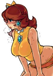 Rule 34 | 1girl, bent over, blue eyes, blush, breasts, brown hair, crown, earrings, flower earrings, highres, jewelry, mario (series), mario golf, mario tennis, midriff, navel, nintendo, open mouth, princess daisy, shorts, sol (holliburd), sweat, tagme, tomboy