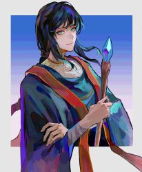 Rule 34 | 1girl, black hair, blue eyes, blue robe, border, elden ring, from side, hand on own arm, hazeforest, highres, holding, holding staff, long sleeves, looking at viewer, low ponytail, medium hair, outside border, robe, sash, sidelocks, smile, solo, sorceress sellen, staff, upper body, white border, wide sleeves