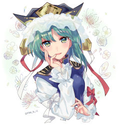 Rule 34 | 1girl, absurdres, asymmetrical hair, black hat, blouse, blue vest, blush, bow, breasts, commentary request, cropped torso, finger to mouth, flower, frilled hat, frills, green eyes, green hair, hat, highres, long sleeves, looking at viewer, medium hair, open mouth, red bow, red flower, rose, shiki eiki, shirt, sizimi-sijimi, sleeve bow, small breasts, smile, solo, spider lily, touhou, upper body, vest, white bow, white shirt