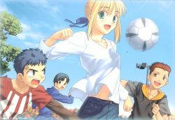 Rule 34 | 00s, 1girl, 3boys, ahoge, artoria pendragon (all), artoria pendragon (fate), ball, black hair, blonde hair, brown hair, cloud, day, fate/hollow ataraxia, fate/stay night, fate (series), green eyes, hair ribbon, highres, multiple boys, playing sports, ribbon, roteiro, saber (fate), sky, soccer, soccer ball, takeuchi takashi, tree, type-moon