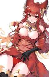 Rule 34 | 1girl, animal ears, anthuria, bad id, bad pixiv id, black gloves, black thighhighs, breasts, cleavage, cleavage cutout, clothing cutout, covered navel, erune, gloves, granblue fantasy, hair ornament, highres, koretsuki azuma, long hair, looking at viewer, medium breasts, panties, red eyes, red hair, red panties, simple background, solo, thighhighs, thighs, underwear, white background